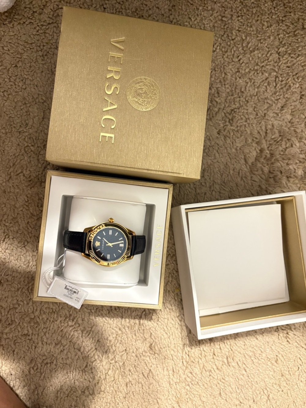 Versace Black Dial Gold-Tone Bezel Black Leather Strap Watch
